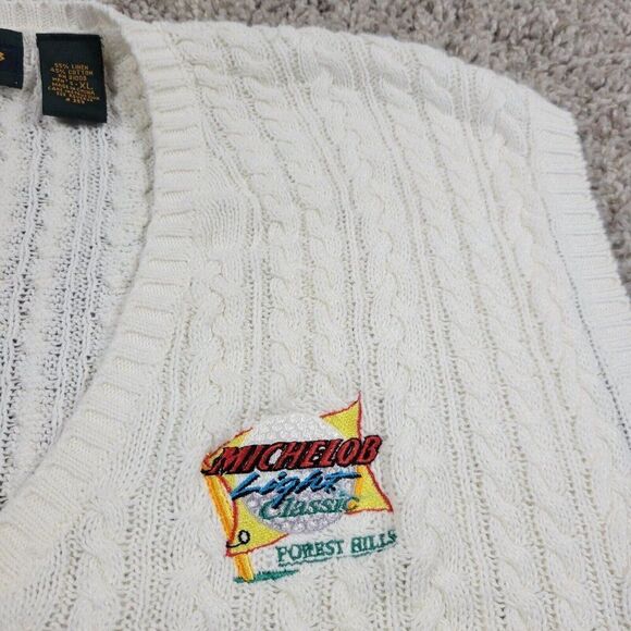 Vintage Izod Sweater Vest Mens XL Cream Cable Knit Linen Blend Michelob Flaws* - Picture 3 of 12